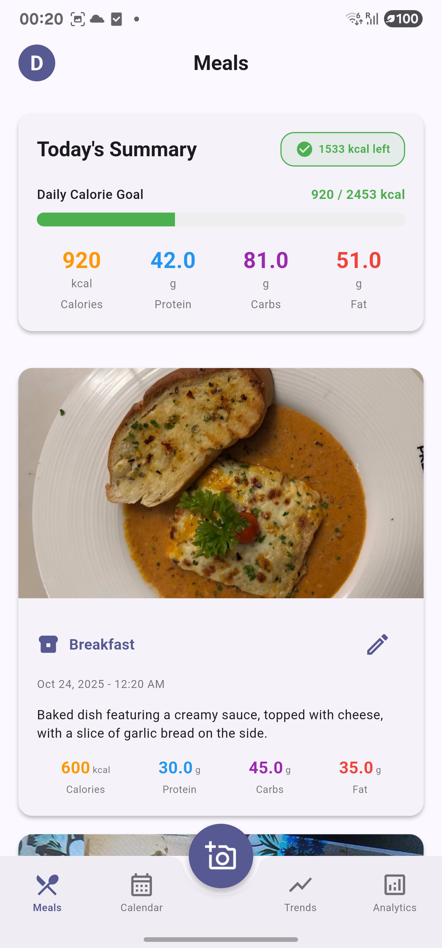 Nutritheous app home screen showing nutrition tracking dashboard with daily calorie intake