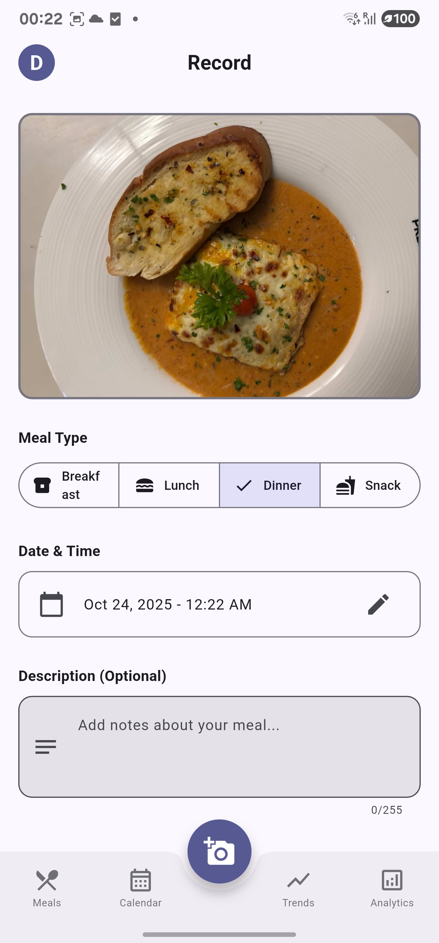 Nutritheous analytics dashboard displaying nutrition trends and macro breakdown